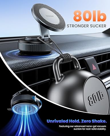 Suction Phone Mount for Car Dashboard/Windshield - 360°Adjustable Magnetic Phone Holder for Car, Foldable Car Phone Holder for iPhone Series (Carbon Fiber & Aluminum Alloy) - RnR Galore