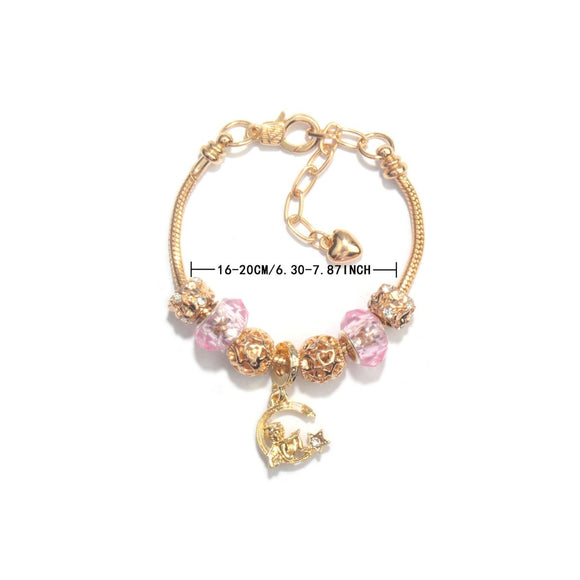 Sweet Style Crystal Rhinestone Gold Star Moon Pendant Cute Pink Bead Bracelet(16cm) - RnR Galore