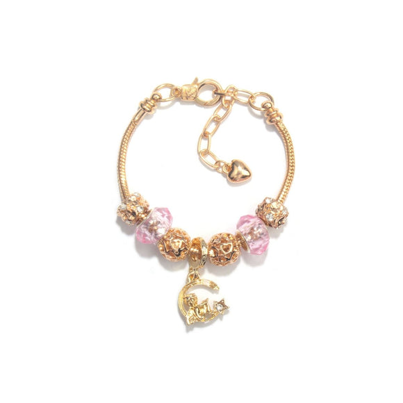 Sweet Style Crystal Rhinestone Gold Star Moon Pendant Cute Pink Bead Bracelet(18cm) - RnR Galore