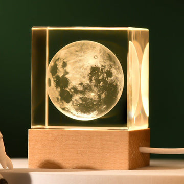 The Moon Luminous 3D Crystal Cube Night Light - Laser Engraved Artwork with Solid Wood Base - RnR Galore