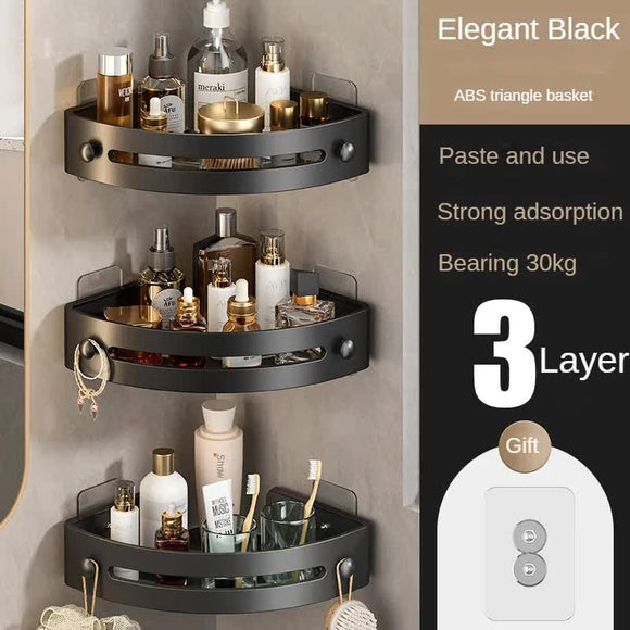 Three layers of elegant black Premium No - Drill Corner Shower Caddy - Thickened ABS Bathroom Storage Shelf with Hooks, Quick Wall Mount Organiser - RnR Galore
