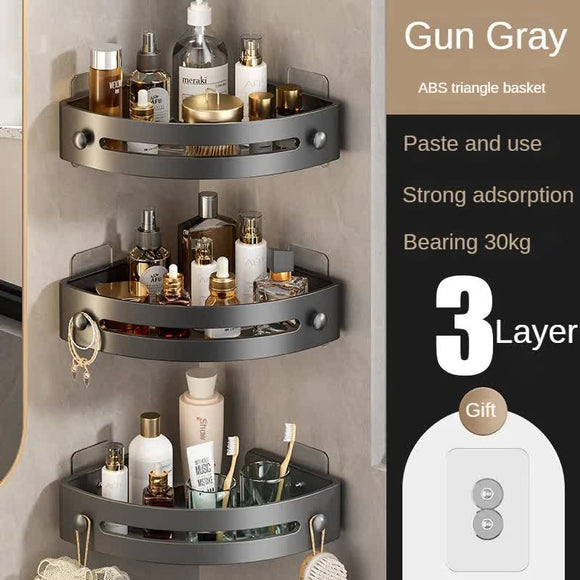 Three layers of gun gray Premium No - Drill Corner Shower Caddy - Thickened ABS Bathroom Storage Shelf with Hooks, Quick Wall Mount Organiser - RnR Galore