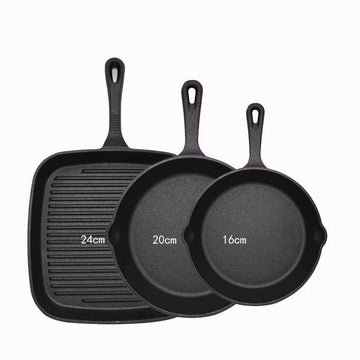 Three - piece set Heavy Duty Cast Iron Skillet & Grill Pan Thickened Vintage Style Cookware for Steak Breakfast & Camping - RnR Galore