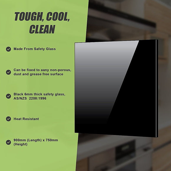 Toughened 90cm x 75cm Black Glass Kitchen Splashback - RnR Galore
