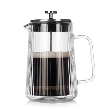 Transparent Elegant Ribbed Double Wall Glass French Press - 1000ml Heat Resistant Coffee and Tea Maker with Stainless Steel Filter - RnR Galore