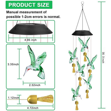 Transparent Solar Powered Hummingbird Wind Chime(Without bell) - Color - Changing LED Hanging Garden Light Outdoor Decor - RnR Galore
