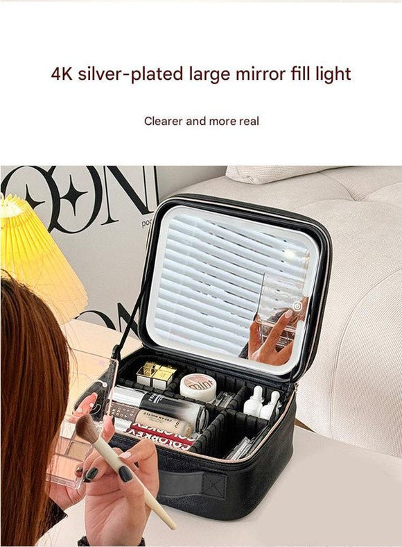Travel Makeup Case with LED Lighted Mirror - Adjustable Dividers & Brush Holder(black) - RnR Galore