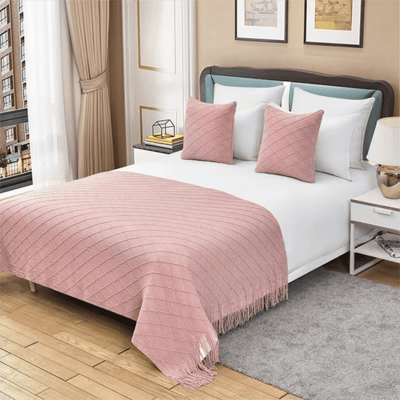 Turmeric Nordic Knitted Throw Blanket with Tassels 130x230cm Soft Acrylic Diamond Pattern Sofa Cover Bed Runner and Travel Blanket - RnR Galore