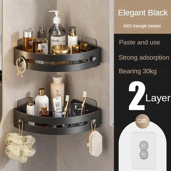 Two layers of elegant black Premium No - Drill Corner Shower Caddy - Thickened ABS Bathroom Storage Shelf with Hooks, Quick Wall Mount Organiser - RnR Galore