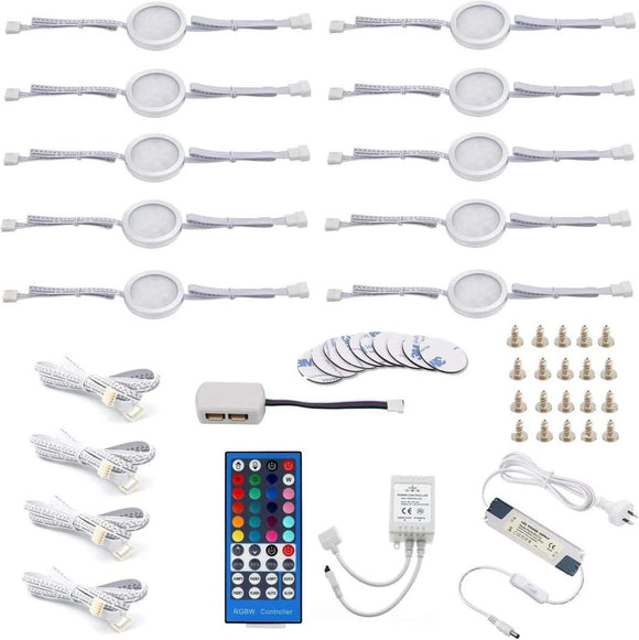 Under Counter LED Light Kit, RGBWW Under Cabinet Lighting, 10 Packs Colored Cabinet Lights with Wireless 40 - Key IR Dimmable Remote Control (10 Lights) - RnR Galore
