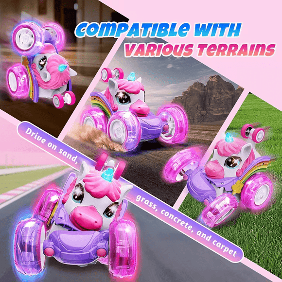 Unicorn remote control car for girls, 360° rotating four - wheel drive stunt remote control car with cute lights, rechargeable toy - children's birthday gift - RnR Galore