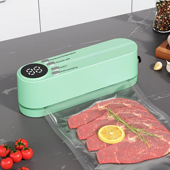 USB Rechargeable Portable Vacuum Sealer, includes sealing bags and a rapid vacuum pump. Space - saving design, suitable for vacuum packing snacks, meat, fruits, and vegetables for food preservation.GREEN - RnR Galore