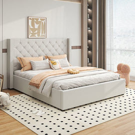 Veronica Bed Frame King Size Winged Grey Linen Fabric Seam Grid Pattern with gas lift plywood metal structure - RnR Galore