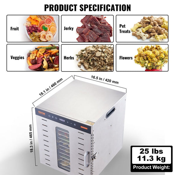 VEVOR 10 Trays Food Dehydrator Machine Stainless Steel 1000W Jerky Fruit Drying - RnR Galore