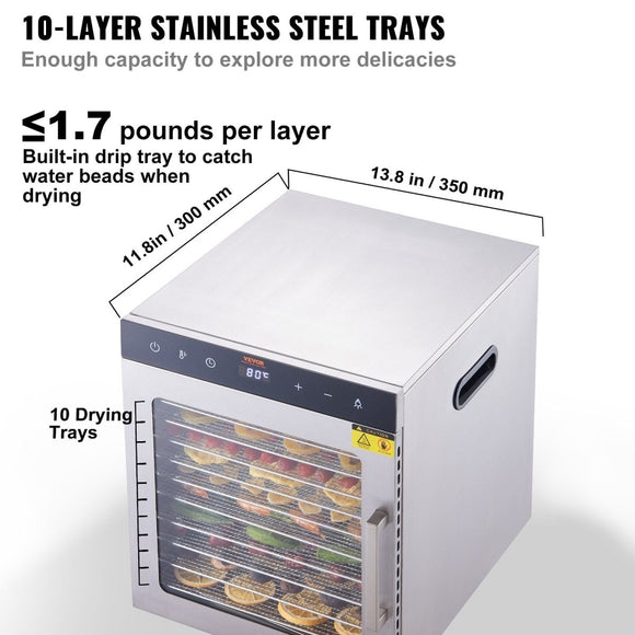 VEVOR 10 Trays Food Dehydrator Machine Stainless Steel 800W Jerky Fruit Drying - RnR Galore