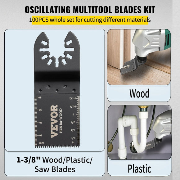 VEVOR 100PCS Oscillating Saw Blades, Quick Release Multitool Blades Kit, HCS Tool Blades for Wood Plastic, Compatible with Dewalt Dremel Fein Worx Bosch Makita Milwaukee - RnR Galore