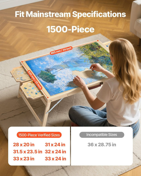 VEVOR 1500 Piece Puzzle Board with Folding Leg Portable Wooden Jigsaw 86x63cm - RnR Galore