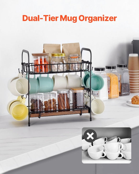 VEVOR 2 Tier Coffee Bar Organizer for Countertop w/ 12 Movable Hooks Mug Holder - RnR Galore