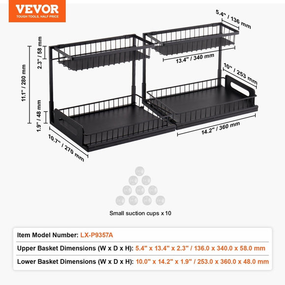 VEVOR 2 - Tier Wire Pull Out Cabinet Under Sink Basket Organizer 10.7"x14.2" 2PCS - RnR Galore