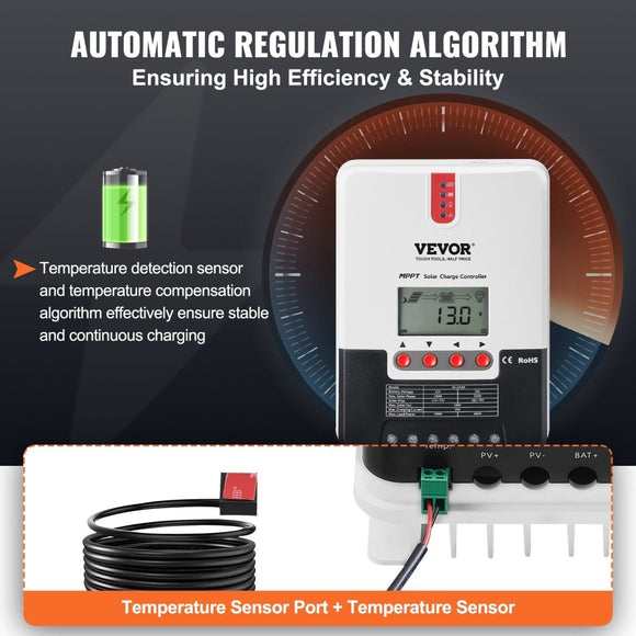 VEVOR 20A MPPT Solar Charge Controller, Auto DC Input, Solar Panel Regulator Charger with LCD Display Temperature Sensor Cable, for Sealed(AGM), Gel, Flooded and Lithium Battery Charging - RnR Galore