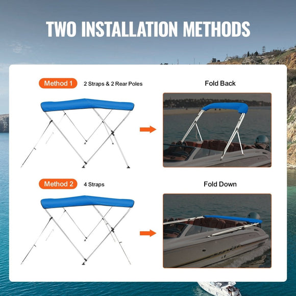 VEVOR 3 Bow Bimini Top Boat Cover, 900D Polyester Canopy with 1" Aluminum Alloy Frame, Waterproof and Sun Shade, Includes Storage Boot, 2 Support Poles, 4 Straps, 6'L x 46"H x 61" - 66"W, Pacific Blue - RnR Galore