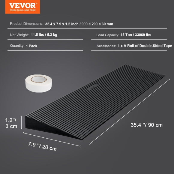 VEVOR 3 cm Rise Cuttable Threshold Ramp for Sweeping Robot, 90 cm Wide Natural Rubber Wheelchair Ramp, Non - Slip Solid Rubber Ramp with Double - Sided Tape for Doorways, Driveways, Bathroom, Smooth Tile - RnR Galore