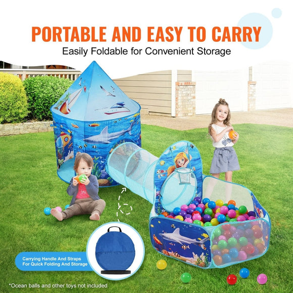 VEVOR 3 in 1 Kids Play Tent with Tunnel, Basketball Hoop for Boys, Girls, Babies and Toddlers, Indoor/Outdoor Pop Up Playhouse with Carrying Bag & Banding Straps Birthday Gifts, Blue Ocean - RnR Galore