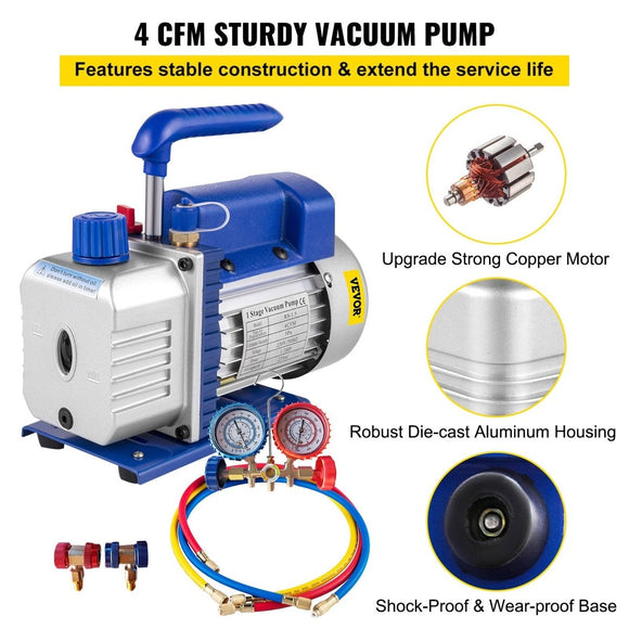 Vevor 4CFM 1/4HP Rotary Vane Vacuum Pump + R134AManifold Gauge Tester Charging +Hose - RnR Galore