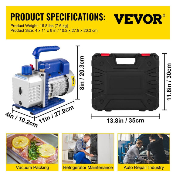 Vevor 4CFM 1/4HP Rotary Vane Vacuum Pump + R134AManifold Gauge Tester Charging +Hose - RnR Galore
