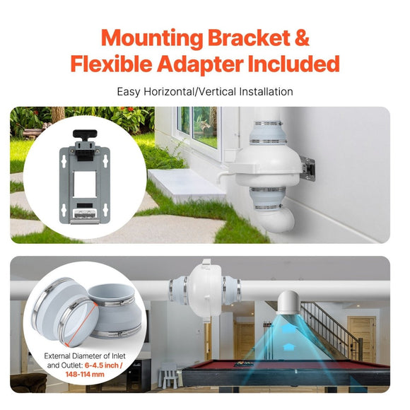 VEVOR 6" to 4.5" Radon Mitigation Fan System Kit Quiet 380 CFM Inline Duct Fan - RnR Galore