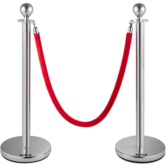 VEVOR 6PCS Red Rope Stanchion Silver Post Crowd Control Queue Line Barrier - RnR Galore