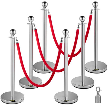 VEVOR 6PCS Red Rope Stanchion Silver Post Crowd Control Queue Line Barrier - RnR Galore