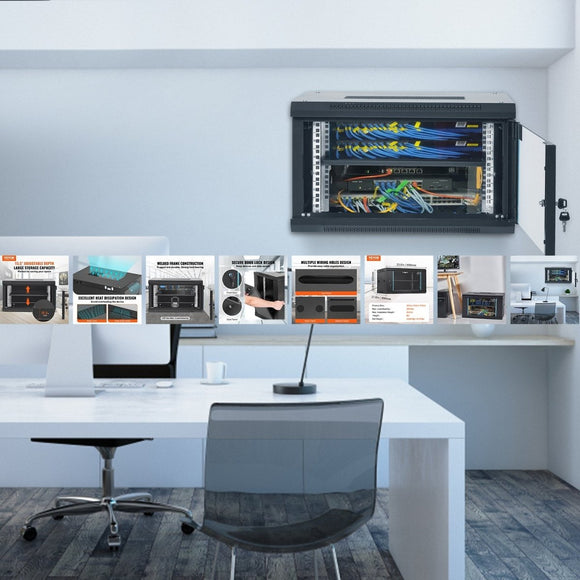 VEVOR 6U Wall Mount Network Server Cabinet, 15.5'' Deep, Server Rack Cabinet Enclosure, 200 lbs Max. Ground - mounted Load Capacity, with Locking Glass Door Side Panels, for IT Equipment, A/V Devices - RnR Galore