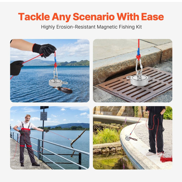 VEVOR 771 Kg Strong Fishing Magnet Kit Double Sided Pull Force Rope Carabiner - RnR Galore