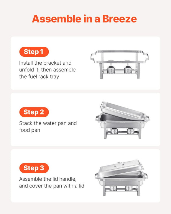 VEVOR 8 Qt 6 Pack Rectangle Chafing Dish Buffet Set Fullsize Pan Stainless Steel - RnR Galore