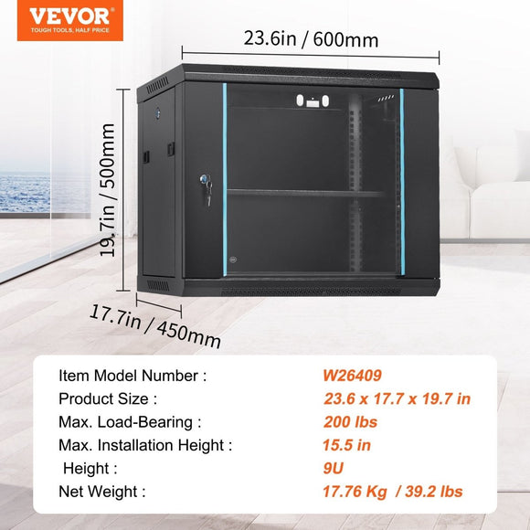 VEVOR 9U Wall Mount Network Server Cabinet, 39.37 cm Deep, Server Rack Cabinet Enclosure, 90.7 kg Max. Ground - mounted Load Capacity, with Locking Glass Door Side Panels, for IT Equipment, A/V Devices - RnR Galore