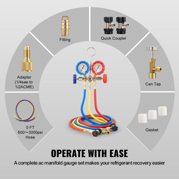 VEVOR AC Gauge Set - 3 Way AC Manifold Gauge Set for R134A R22 R12 R502 Refrigerant, Freon Gauges with 5ft Hoses, Couplers, Can Tap Works on Car Auto Freon Charging and Evacuation - RnR Galore