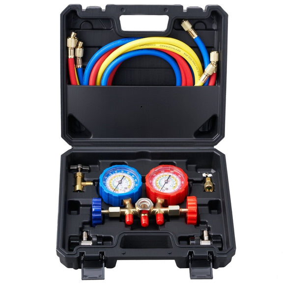 VEVOR AC Gauge Set - 3 Way AC Manifold Gauge Set for R134A R22 R12 R502 Refrigerant, Freon Gauges with 5ft Hoses, Couplers, Can Tap Works on Car Auto Freon Charging and Evacuation - RnR Galore