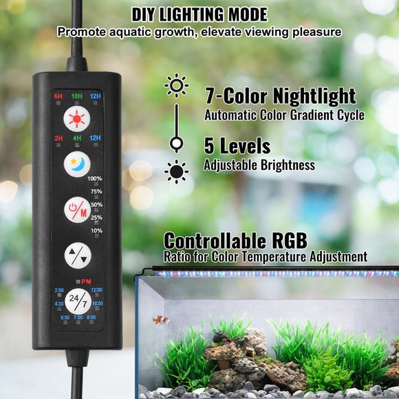 VEVOR Aquarium Light, 14W Full Spectrum Fish Tank Light with 24/7 Natural Mode, Adjustable Timer & 5 - Level Brightness, with Aluminum Alloy Shell Extendable Brackets for 12" - 18" Freshwater Planted Tank - RnR Galore
