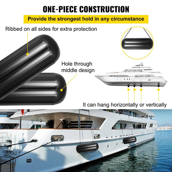 VEVOR Boat Fenders, 10" x 28" Ribbed Fender, 4 Pack Boat Bumpers, Hole Through Middle Ribbed Inflatable Boat Fender with 4 Ropes, for Pontoon Boat Sailboat, Ski Boat, Black - RnR Galore