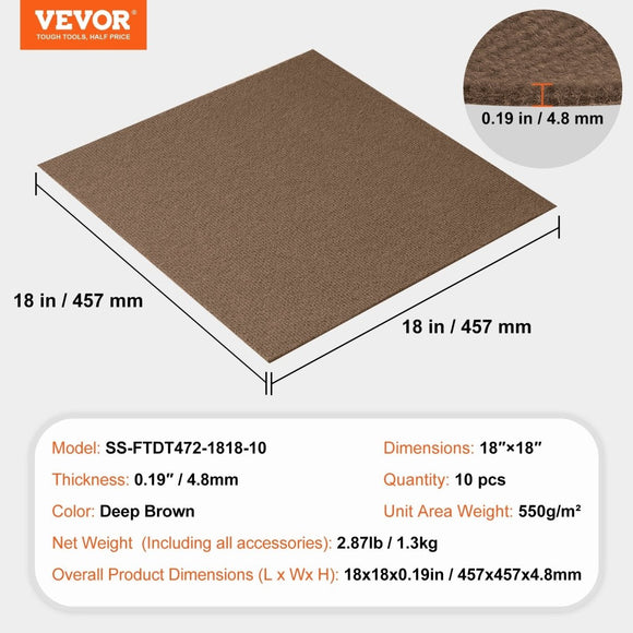 VEVOR Carpet Tiles Peel and Stick, Squares Self Adhesive Carpet Floor Tile, Soft Padded Carpet Tiles, Easy Install DIY for Bedroom Living Room Indoor Outdoor (10 Tiles, Dark Brown) - RnR Galore