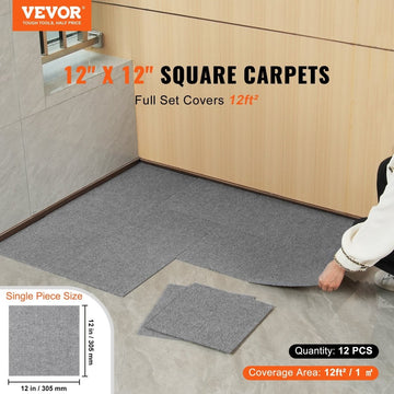 VEVOR Carpet Tiles Peel and Stick, Squares Self Adhesive Carpet Floor Tile, Soft Padded Carpet Tiles, Easy Install DIY for Bedroom Living Room Indoor Outdoor (12 Tiles, Light Gray) - RnR Galore