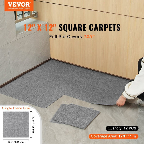 VEVOR Carpet Tiles Peel and Stick, Squares Self Adhesive Carpet Floor Tile, Soft Padded Carpet Tiles, Easy Install DIY for Bedroom Living Room Indoor Outdoor (12 Tiles, Light Gray) - RnR Galore