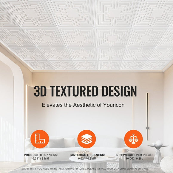 VEVOR Ceiling Tiles 12 - Pack 24 x 24 in PVC Easy Installation White Echo Pattern - RnR Galore