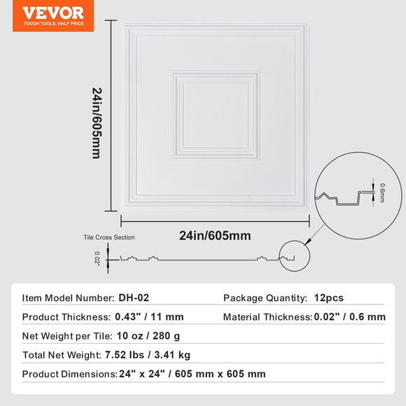 VEVOR Ceiling Tiles 12 - Pack 24 x 24 in PVC Easy Installation White Geometric - RnR Galore