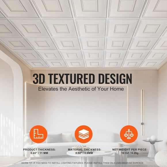 VEVOR Ceiling Tiles 12 - Pack 24 x 24 in PVC Easy Installation White Geometric - RnR Galore