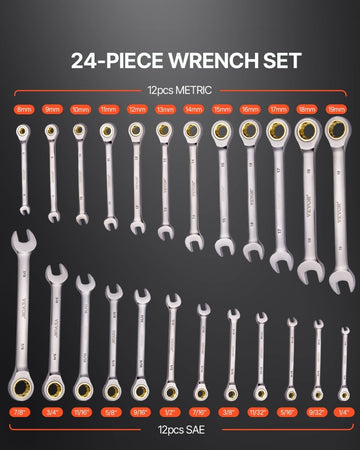 VEVOR Combination Wrench Set 24 PCS SAE 1/4" - 7/8" Metric 8 - 19mm Organizer Rack - RnR Galore