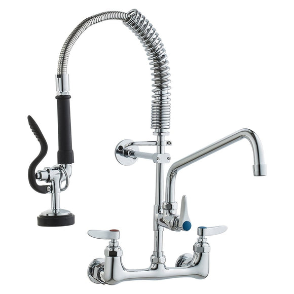 VEVOR Commercial Faucet with Pre - Rinse Sprayer, 21" Height, 8" Center, 12" Swing Spout, Wall Mount Kitchen Sink Faucet, Brass Constructed Device with Pull Down Spray, for 1/2/3 Compartment Sink - RnR Galore