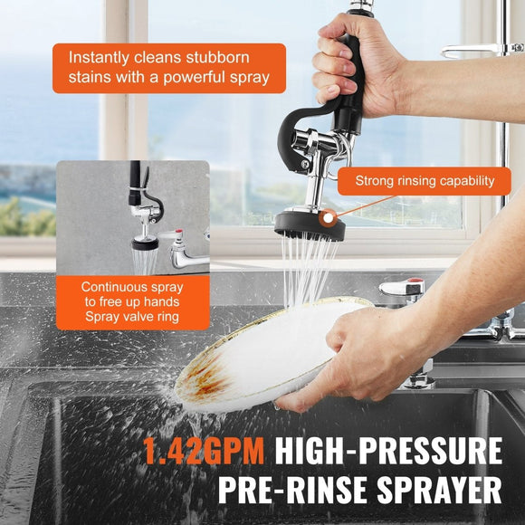 VEVOR Commercial Faucet with Pre - Rinse Sprayer, 26" Height, 8" Center, 12" Swing Spout, Deck Mount Kitchen Sink Faucet, Brass Constructed Device with Pull Down Spray, for 1/2/3 Compartment Sink - RnR Galore