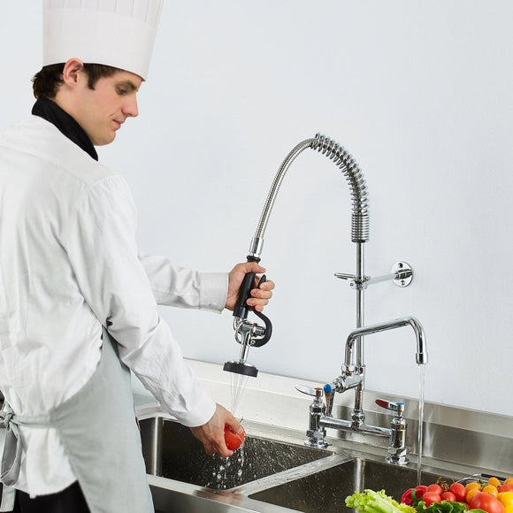 VEVOR Commercial Faucet with Pre - Rinse Sprayer, 26" Height, 8" Center, 12" Swing Spout, Deck Mount Kitchen Sink Faucet, Brass Constructed Device with Pull Down Spray, for 1/2/3 Compartment Sink - RnR Galore